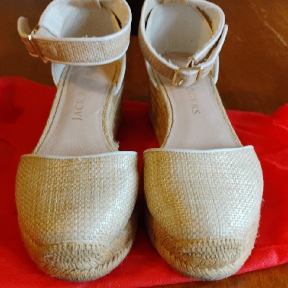 Jack Rogers Tan Ankle Strap Espradrill 2' Heel Gold Hardware Size 7